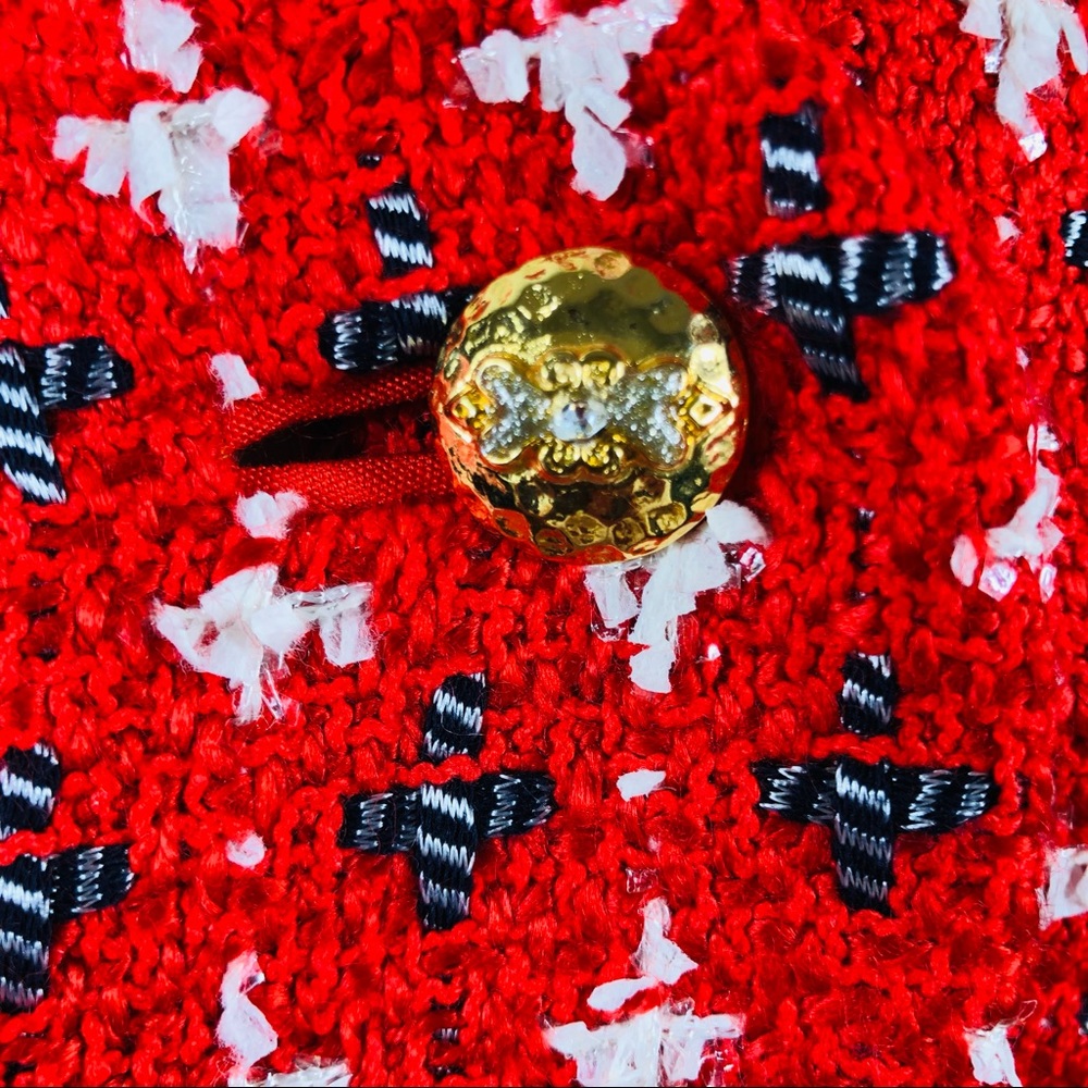 Doncaster multicolored red, white, black & silver metallic thread skirt suit szM - Picture 9 of 15